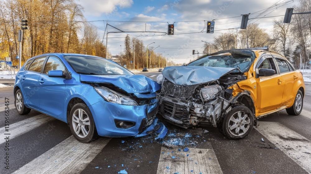 Two vehicles at an intersection, showing minor scrapes and scratches, aftermath of a fender bender - scratched end damage minor Two vehicles at an intersection, showing minor scrapes and scratches, aftermath of a fender bender - scratched end damage minor