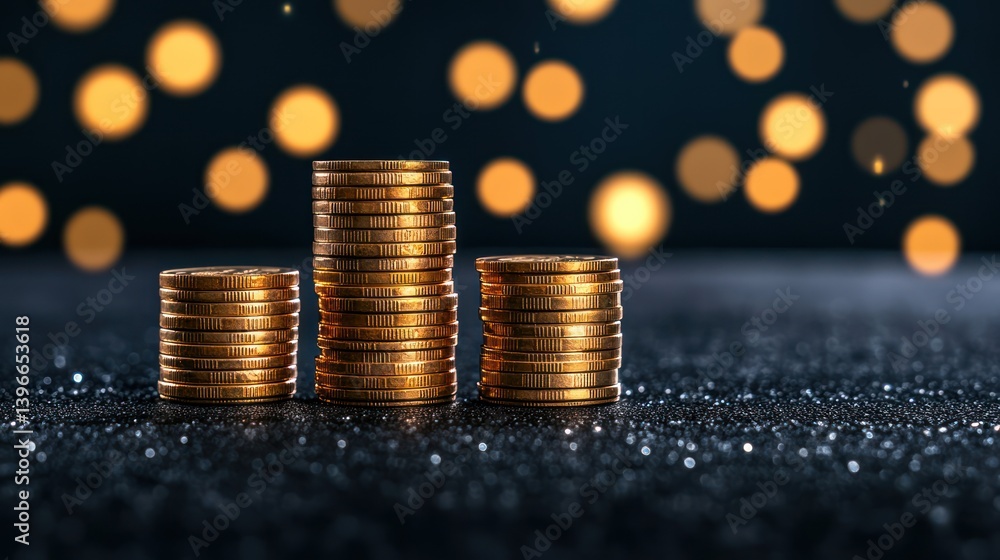 Close Up of Stacks of Coins on Desk with Business and Finance Saving Money Concept