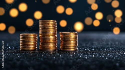 Obraz na płótnie Close Up of Stacks of Coins on Desk with Business and Finance Saving Money Concept w salonie