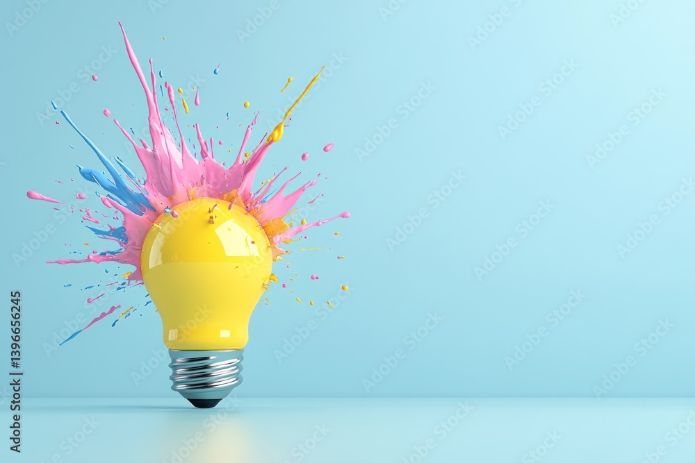 Colorful Light Bulb Explosion with Shards and Paint, Creative Idea Think Different Concept, Business Ideas and New Technology Discovery