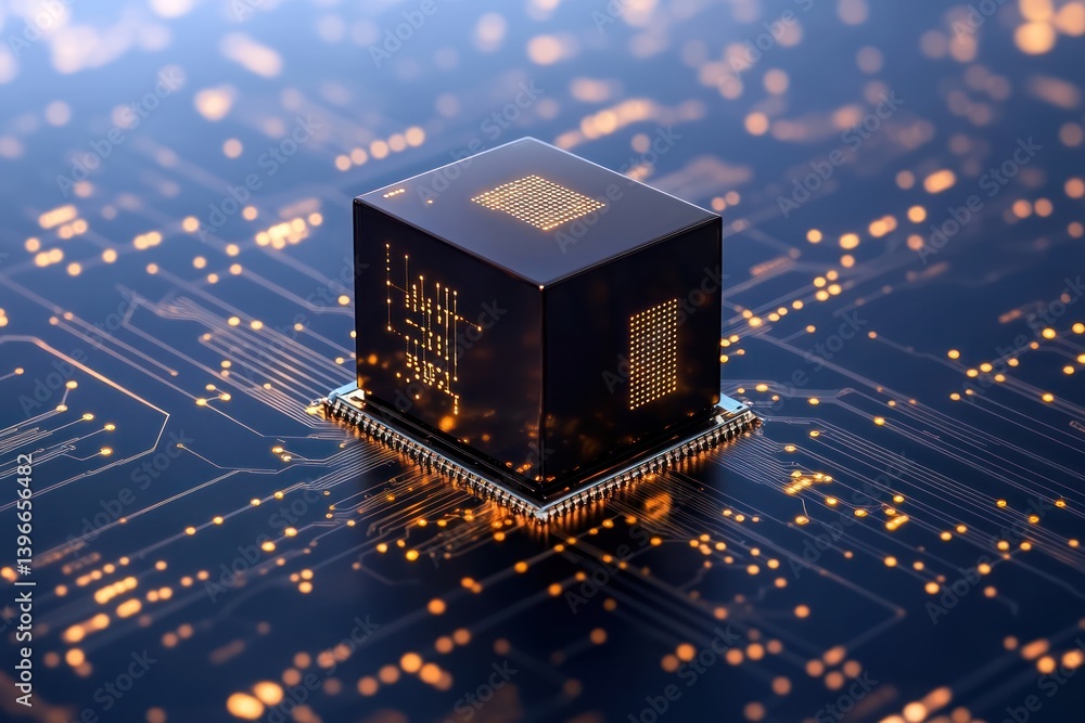 Abstract Blue Background with Cube Technology Converging on Circuit Point, Blockchain Network System, Big Data Storage & Processing, Cloud Data, Internet Security - 3D Render