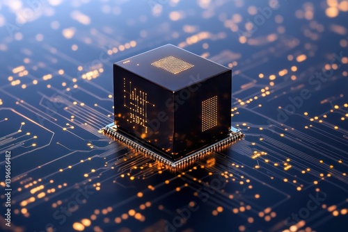 Obraz na płótnie Abstract Blue Background with Cube Technology Converging on Circuit Point, Blockchain Network System, Big Data Storage & Processing, Cloud Data, Internet Security - 3D Render w salonie