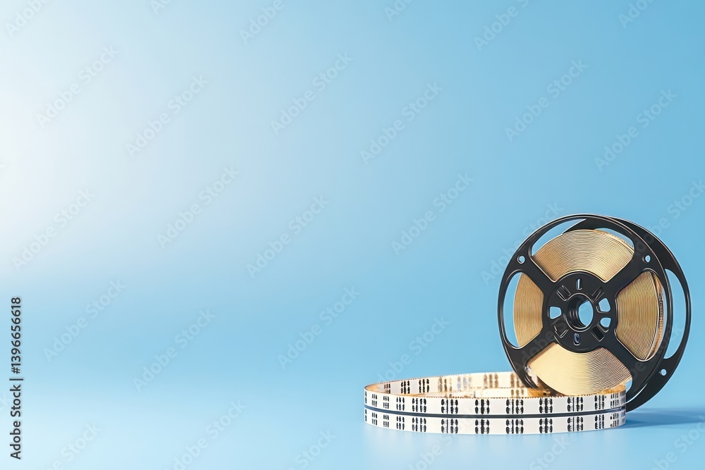 Retro cinema film strip and reel with clapper board on blue background