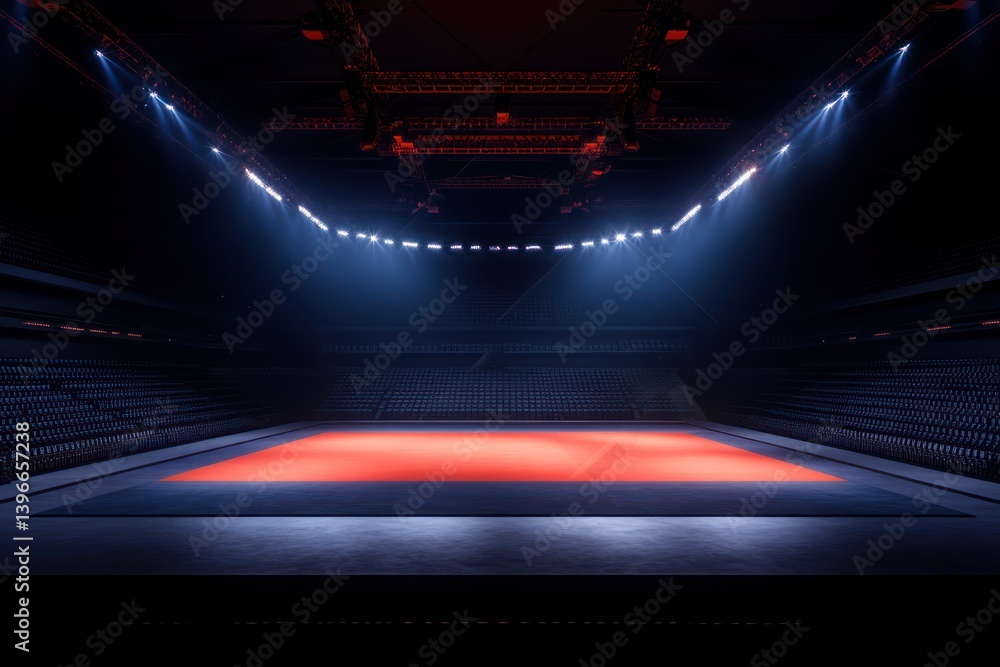 Empty MMA Arena with Complete Stands Under Lighting viewed from the Side