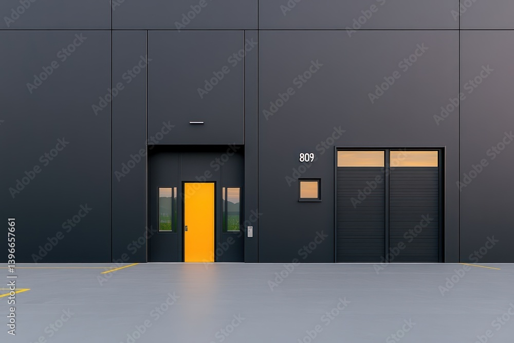 Architectural details of industrial building facade with aluminum panels, doors, and windows in gray color scheme