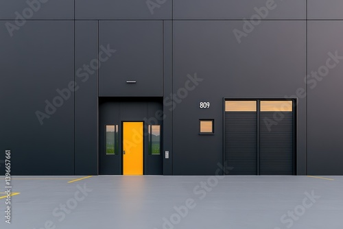 Obraz na płótnie Architectural details of industrial building facade with aluminum panels, doors, and windows in gray color scheme w salonie