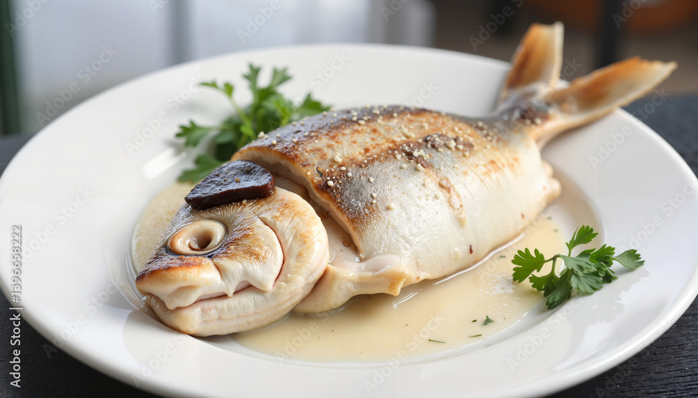 Lutfisk served on a white plate garnished with parsley Lutfisk served on a white plate garnished with parsley