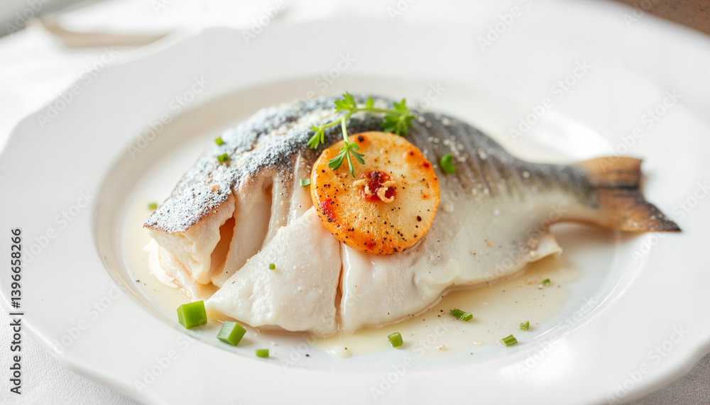 Fresh Lutfisk Served with Lemon and Herbs on a White Plate Fresh Lutfisk Served with Lemon and Herbs on a White Plate