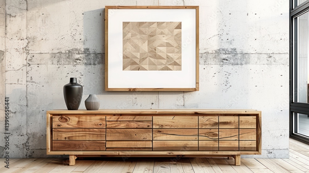 Rustic Farmhouse Living Room with Empty Mock Up Poster Frame on Concrete Wall Above Wooden Cabinet - Modern Interior Design Concept