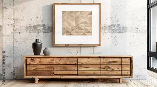 Obraz na płótnie Rustic Farmhouse Living Room with Empty Mock Up Poster Frame on Concrete Wall Above Wooden Cabinet - Modern Interior Design Concept w salonie