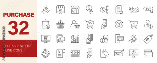 Purchase icon set. Containing pay, buy, payment, order, shop, price, spend, receipt, product, money, credit card, QR code, shopping and more. Editable line icons. Vector illustration.	
