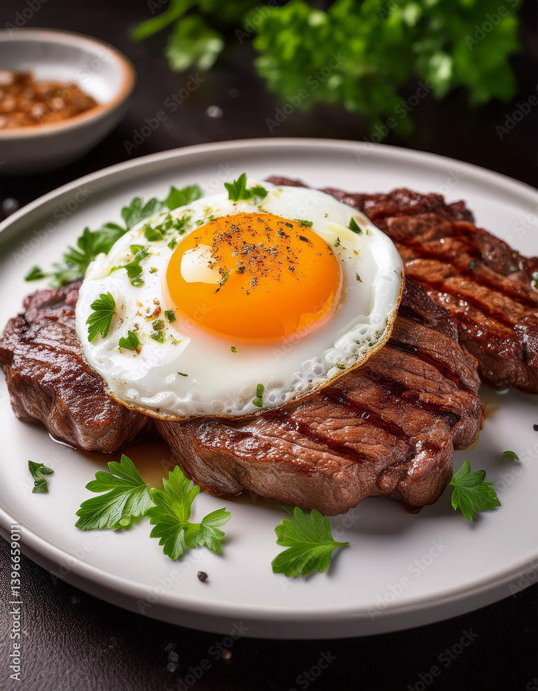 Close-up shot of perfectly grilled meat slices topped with a fried egg with a runny yolk, garnished with chopped parsley. Close-up shot of perfectly grilled meat slices topped with a fried egg with a runny yolk, garnished with chopped parsley.