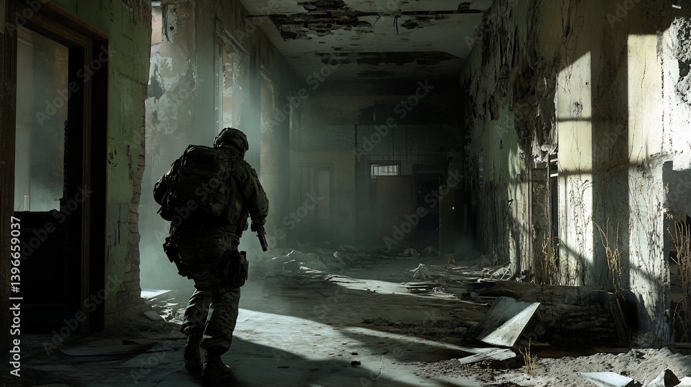 Soldier navigating through a dilapidated building after conflict Soldier navigating through a dilapidated building after conflict