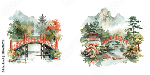 chinese lanscape watercolor vector illustration