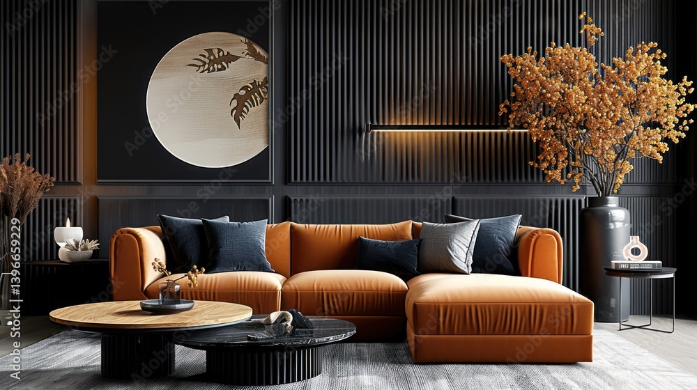 Modern Farmhouse Country Style Living Room with Elegant Dark Toned Lounge and Earthy Decor Featuring Orange Velvet Sofa, Black Wood Paneling, and Dried Floral Arrangements