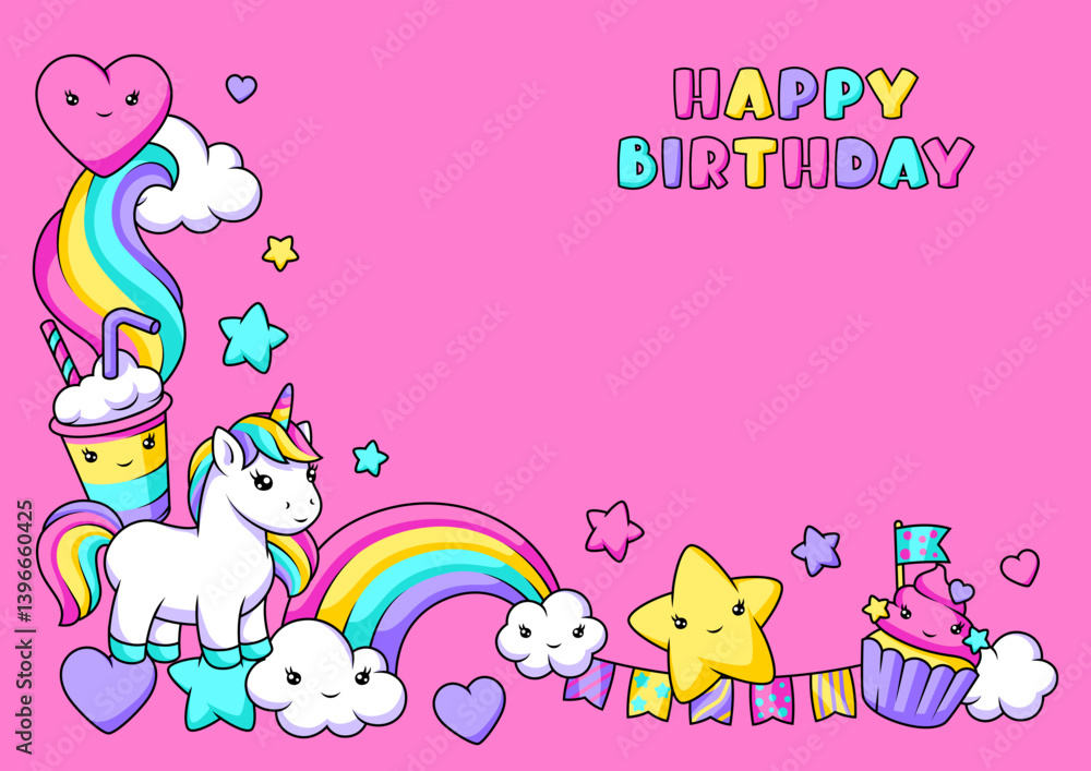 Background with unicorn. Happy birthday party invitation.