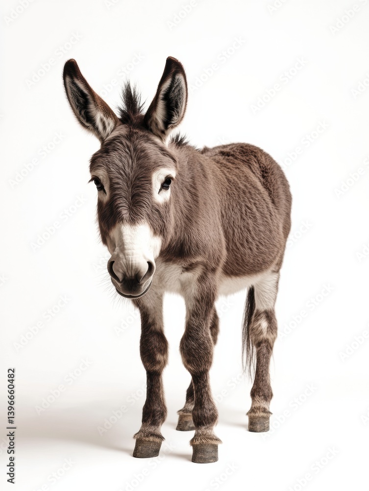 Mini donkey stands gracefully in a rustic setting with a white background and soft shadows highlighting its charming features Mini donkey stands gracefully in a rustic setting with a white background and soft shadows highlighting its charming features