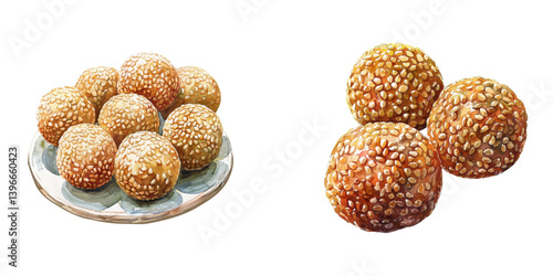 chinese sesame balls watercolor vector illustration