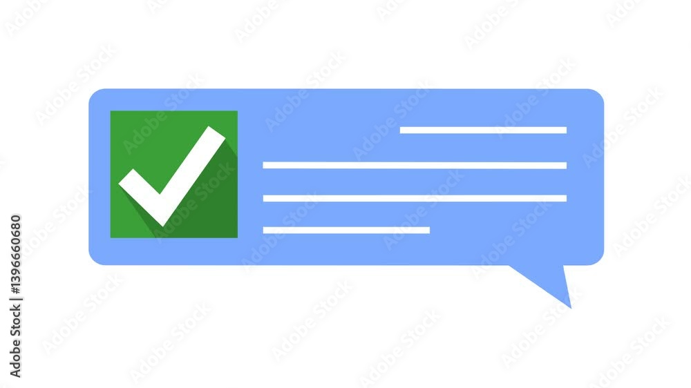 Approved check mark on successful delivery message bubble chat icon in cartoon animation. Confirmed notification and completed task symbol. Accept communication sign. Alpha channel. Approved check mark on successful delivery message bubble chat icon in cartoon animation. Confirmed notification and completed task symbol. Accept communication sign. Alpha channel.