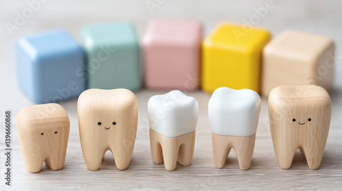 Wooden toy teeth stand in a line with colorful blocks in the background. These toys are great for teaching kids about dental hygiene!