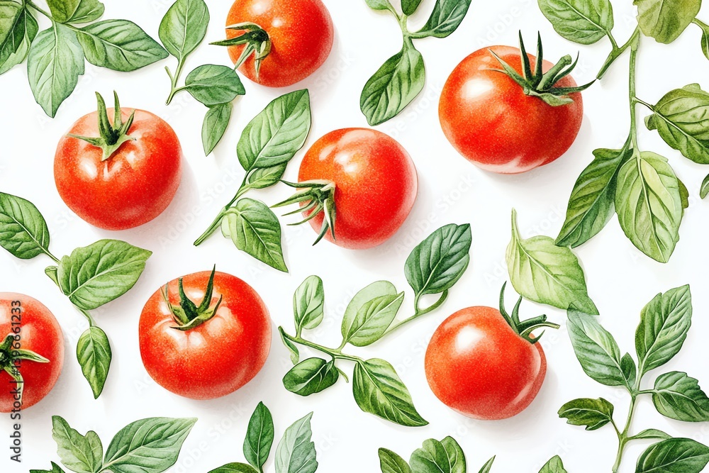 Fresh Tomatoes and Basil Leaves Pattern on White Background Overhead View Fresh Tomatoes and Basil Leaves Pattern on White Background Overhead View