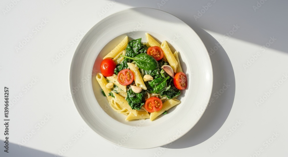 Plate of fresh penne pasta with cherry tomatoes and spinach on a white table under natural light Plate of fresh penne pasta with cherry tomatoes and spinach on a white table under natural light