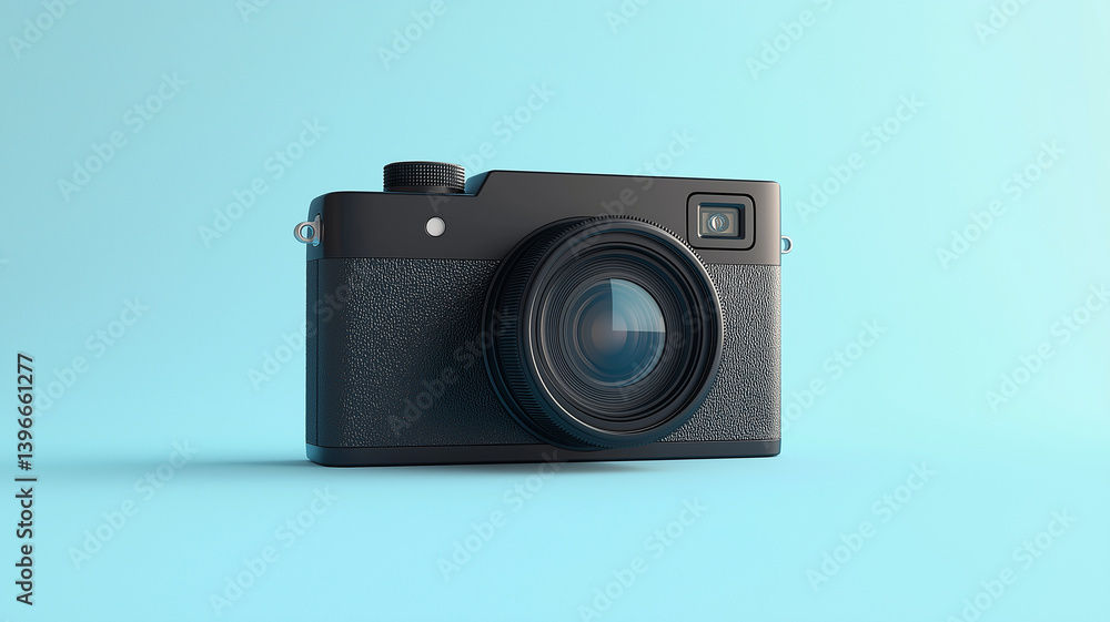 modern compact digital camera with sleek black design and prominent lens, set against light blue background, evokes sense of creativity and innovation modern compact digital camera with sleek black design and prominent lens, set against light blue background, evokes sense of creativity and innovation