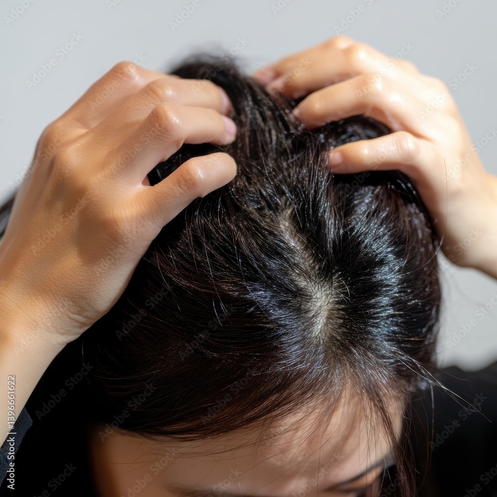 Obraz premium Close-up of Asian woman checking her hair for dandruff or scalp issues under bright light.