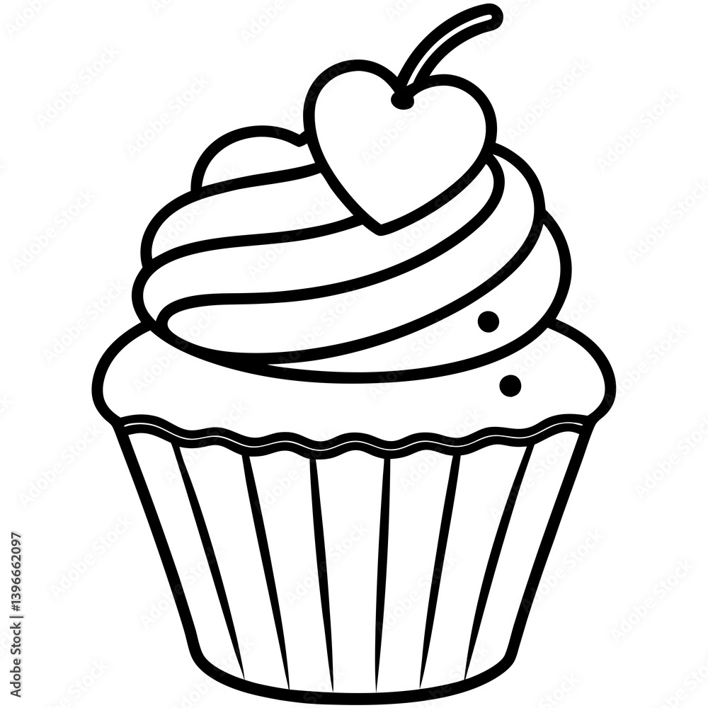 Charming Cupcake with Heart Swirl Line Art Charming Cupcake with Heart Swirl Line Art
