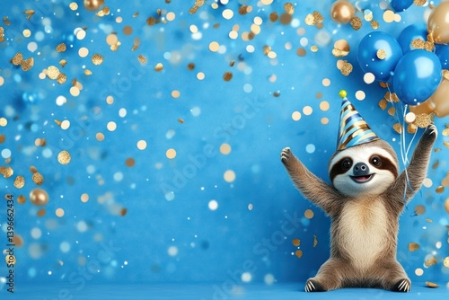 Cute Sloth Celebrating Festive Occasion with Party Hat and Balloons on Blue Background. Perfect for Happy Birthday, Carnival, New Year's Eve, Sylvester, or Funny Animals Card.
