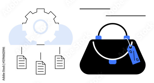 Cloud gear with documents, alongside shopping bag with price tag. Ideal for solutions, digital transformation, e-commerce, cloud storage, retail innovation, technology integration, marketing