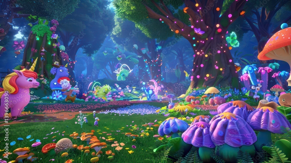 Enchanted Forest with Whimsical Characters, Colorful Flowers, and Fairy Lights, Featuring Unicorns, Dragons, Fairies, and Friendly Animals