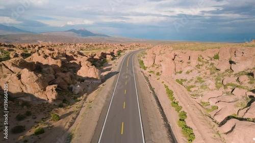 Drone Aerial View of New Road through Rocky Formations in Parque del Desierto de Piedra, Southern Bolivia