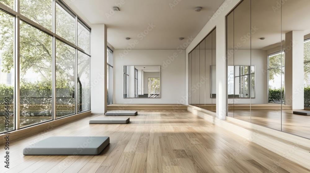 Fototapeta premium A minimalist gym space with large mirrors, wooden floors, and a bright atmosphere.