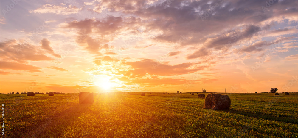 Golden sunset rolling field with hay bales. Panoramic farm landscape for agriculture and harvest season. Scenic countryside background. Rural nature concept. Golden sunset rolling field with hay bales. Panoramic farm landscape for agriculture and harvest season. Scenic countryside background. Rural nature concept.