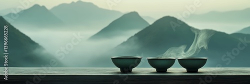 Three tea cups with steam against a misty mountain background.