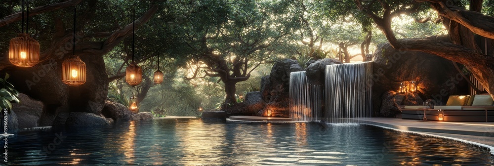 Swimming pool with waterfall and trees in a tranquil outdoor setting.
