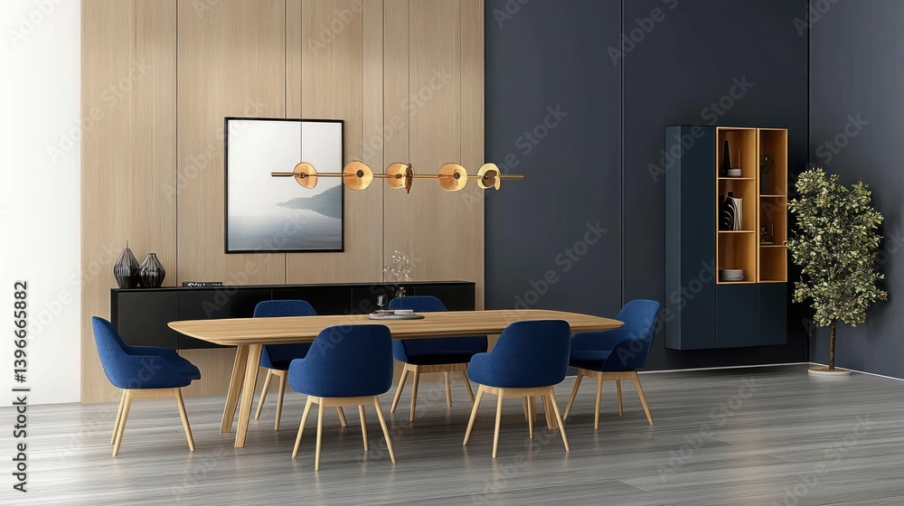 Modern Dining Room with Wooden Table and Blue Chairs: 3D Render of Stylish Interior Design
