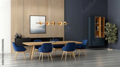 Obraz na płótnie Modern Dining Room with Wooden Table and Blue Chairs: 3D Render of Stylish Interior Design w salonie
