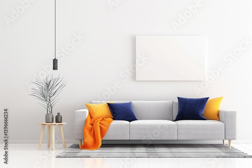 Modern and stylish living room interior with a comfortable sofa, beautifully designed in 3D rendering concept