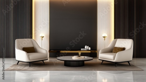 Cozy Interior with Armchair, Coffee Table, and Lamps - 3D Rendering