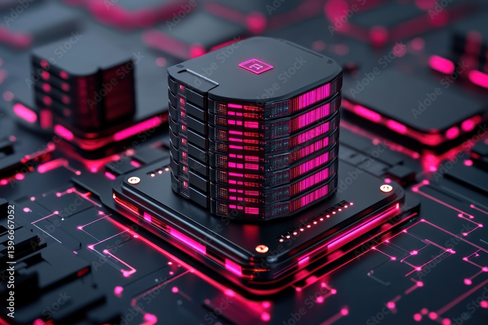 Isometric illustration of big data analysis and data stream in a digital datacenter. Features database hosting server, cloud storage, PC storage, laptop workstation, and cyber security. Vector image.