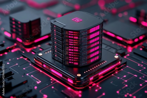 Isometric illustration of big data analysis and data stream in a digital datacenter. Features database hosting server, cloud storage, PC storage, laptop workstation, and cyber security. Vector image.