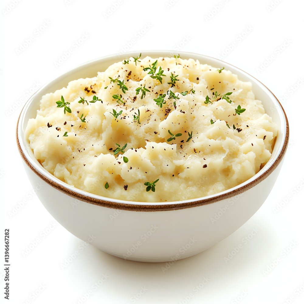 Creamy Mashed Potatoes Garnished with Thyme in White Bowl on White Creamy Mashed Potatoes Garnished with Thyme in White Bowl on White