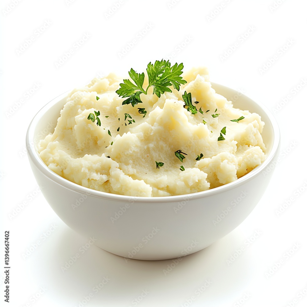 Bowl of Creamy Mashed Potatoes Garnished with Fresh Parsley Herb Bowl of Creamy Mashed Potatoes Garnished with Fresh Parsley Herb