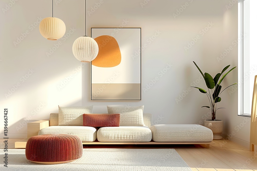 Japandi-Inspired Scandinavian Interior Design in a Modern Living Room with Minimalist Decor and Natural Elements
