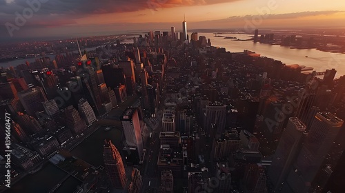 Manhattan Sunset: Aerial View of NYC Skyline at Dusk
