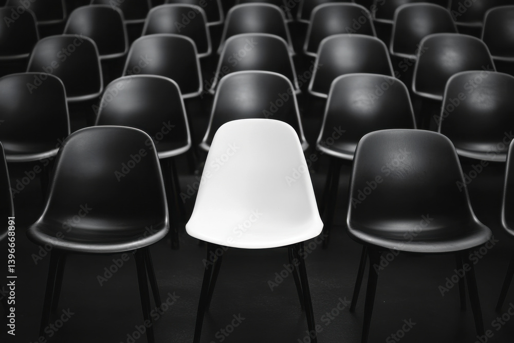 Naklejka premium Single white seat amongst black seats in empty stadium