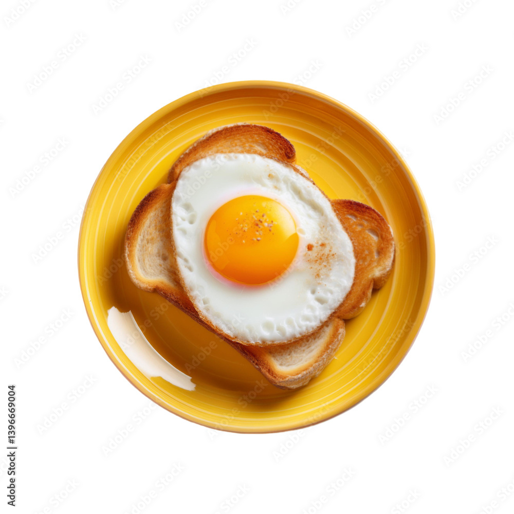 Yellow plate of bread slices with fried egg on transparent background Yellow plate of bread slices with fried egg on transparent background