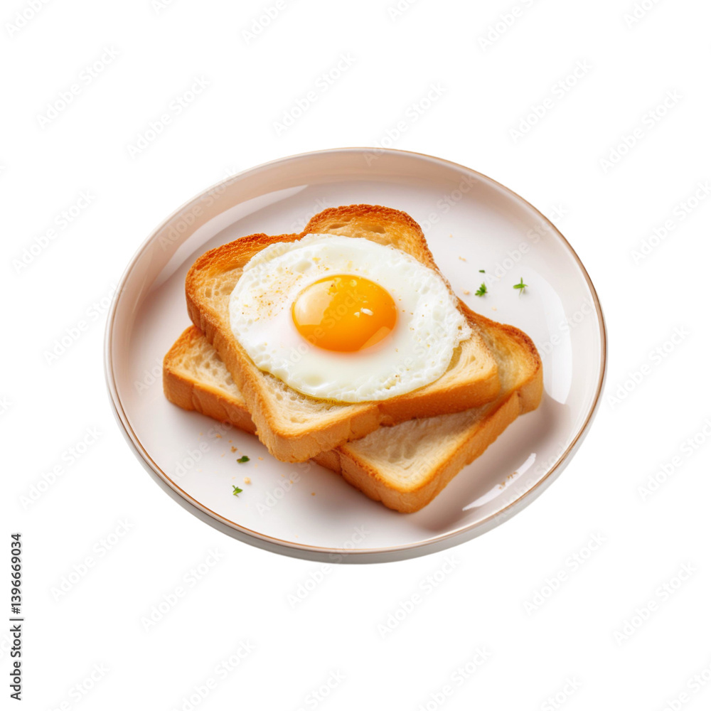 White plate of bread slices with fried egg on transparent background White plate of bread slices with fried egg on transparent background
